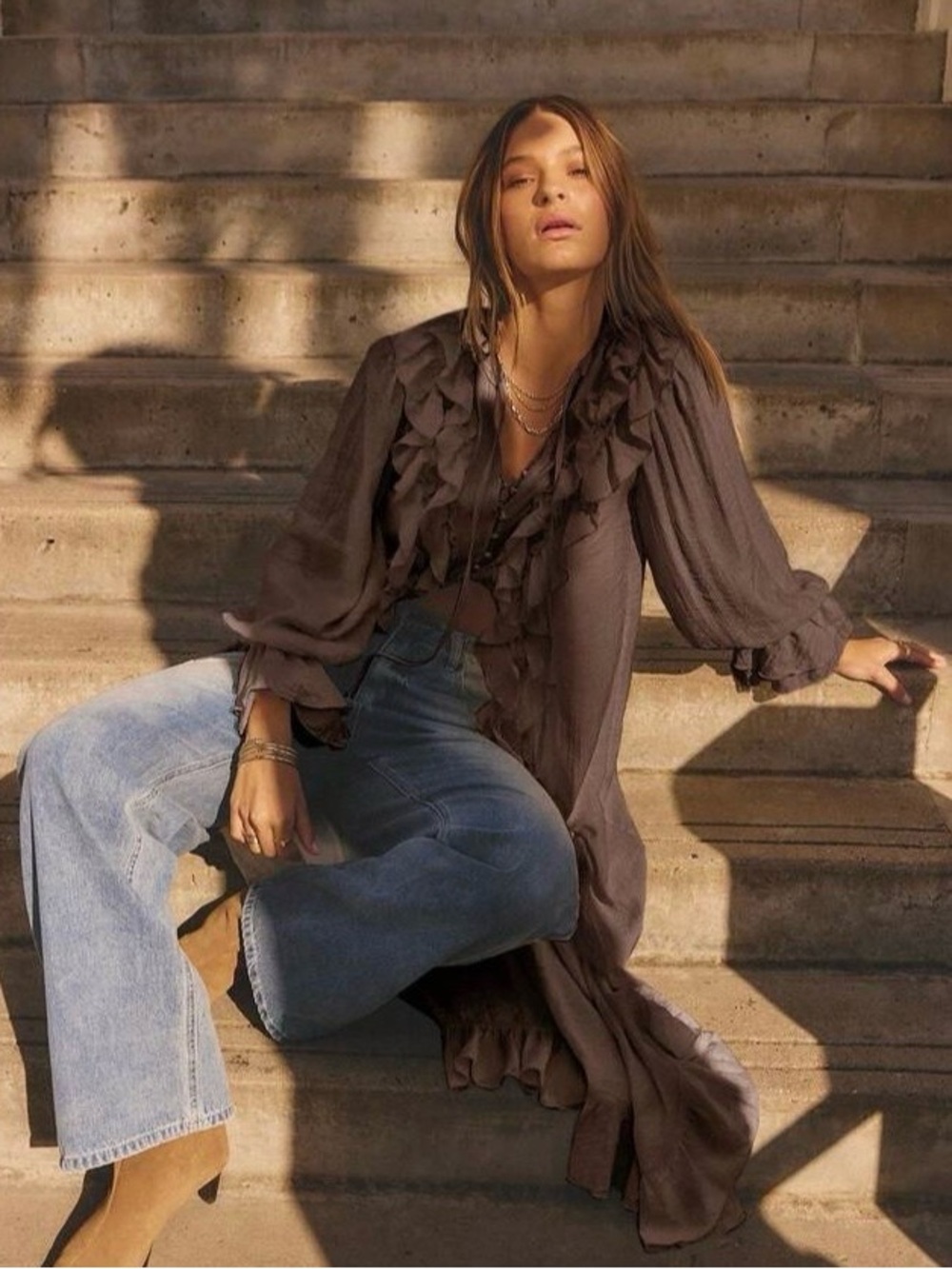Women's Ruffle-Front Long Sleeve Blouse - Brown